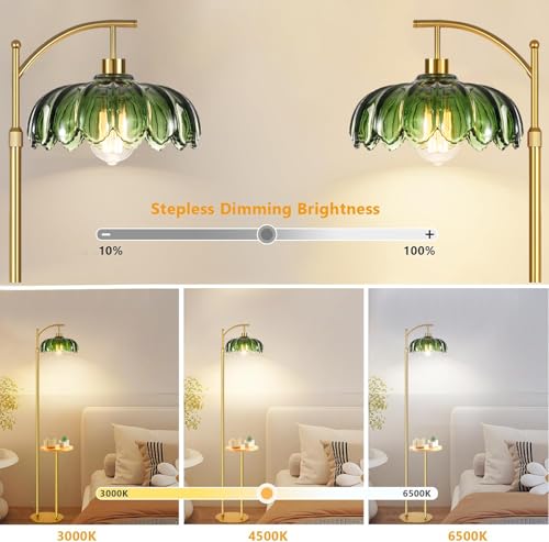 QIYIZM Glass Floor Lamp with Table and Shelves for Living Room Bedroom,Gold Standing Lamp with Remote Dimmable,Boho Brass Tall Lamp Vintage Farmhouse Arc Green Flower Floor Light Bohemian - size: 23-Floor Lamp