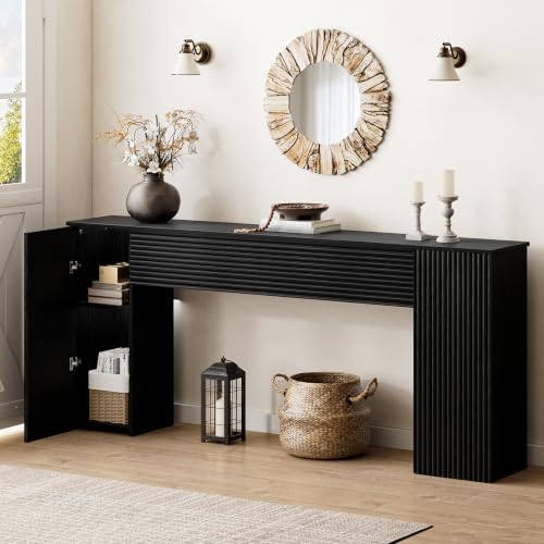 FABATO 70.8” Fluted Long Console Table with 2 Hidden Storage Cabinet, Black | Wooden Rectangular Sofa Table, Behind the Couch, Narrow Entryway Table for Entrance, Hallway, Living Room, Foyer - color: Black, size: 70.8''