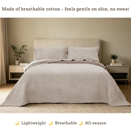 Pre-Washed Cotton King Size Quilt Set 98x106 Waffle Textured | Lightweight Breathable Bedspread Coverlet,All Season Bedding Set,Fits King & Cal King，with 2 Pillow Shams Beige - color: Beige, size: King-98x106