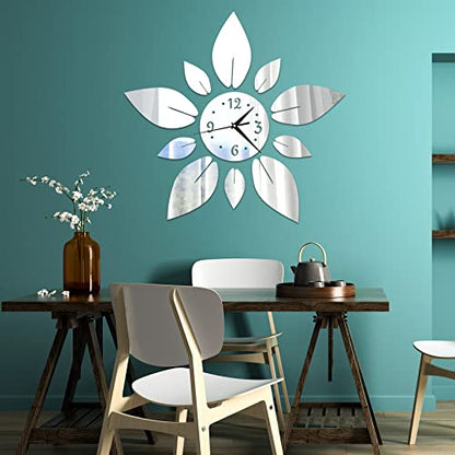 Acrylic Flower Mirror Wall Stickers, Silent DIY Wall Clock Decals | Self-Adhesive Crystal Decals, Silent Quartz Clock, Silver Petal Combo Decor For Home Apartment Office Wall Art