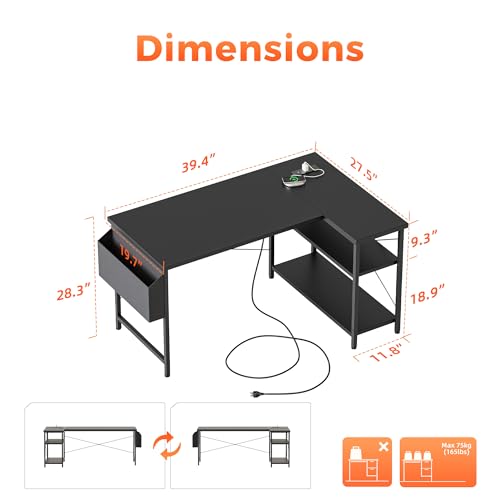 39 inch Corner Desk with Shelves, Small L Shaped Gaming Desk | Reversible Computer Desk with Power Outlets & Storage Bag, Office Table for Home Bedroom Study Work Writing - color: Black, size: 39.4 inch