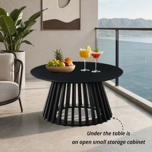 HNY Black Round Coffee Table, Wood 31.5" Center Table for Living Room | Modern Mid Century Circle Coffee Table with Fluted Base for Outdoor Patio, Home Small Space, Bedroom, Apartment, Studio - color: Black