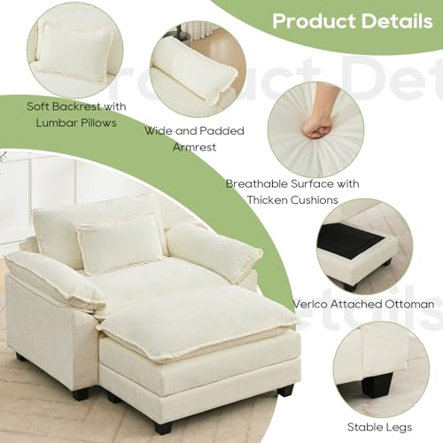 53" Modular Sectional Sofa, Comfy Deep Cloud Couch with Ottoman | Couches for Living Room, Sofa Bed, Modular Couch, Deep and Wide Seat, Chenille Sofa Sleeper with Throw Pillows, Beige White - color: Beige White, size: 53 Inch 2