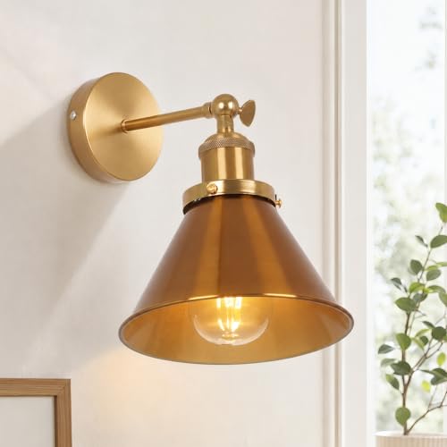 Fandian Brass Gold Classic Industrial Metal Adjustable Arm LED Wall Sconce for Bedside Reading, Farmhouse Swing Arm Wall Lamp with Metal Shade, Hardwired