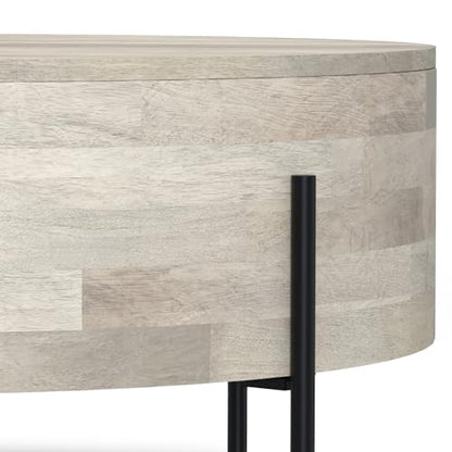SIMPLIHOME Sawhorse 48" Wide Walnut Veneer and Metal Coffee Table | Modern round coffee table with black metal legs and a large surface; cocktail table or center table for living rooms. - color: White Wash