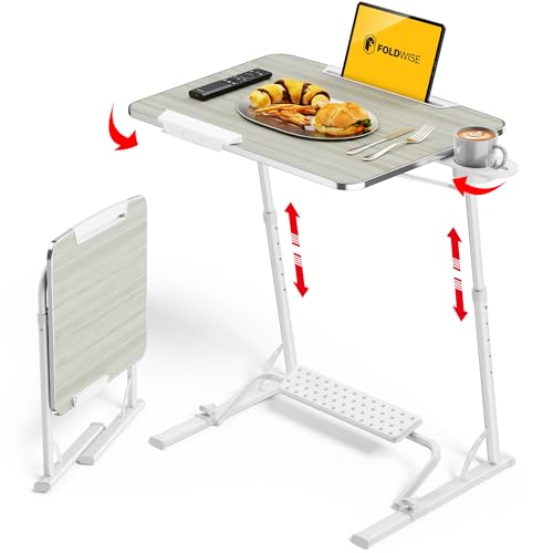 Upgraded Folding TV Tray Table, Sturdy Couch & Dinner Laptop Table | Adjustable Height & Angle Portable Desk for Eating, Work & Recliner; Includes Footrest, Cup Holder, iPad Holder, Edge Stopper - color: (White) - Bright Wood