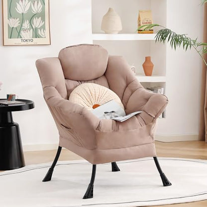 Lazy Chair, Comfy Reading Accent Chair for Bedroom, Khaki | Comfy Bedroom Accent Chair with Washable Removable Cover and extra throw pillowfor Living Room Dorm - color: Khaki-single