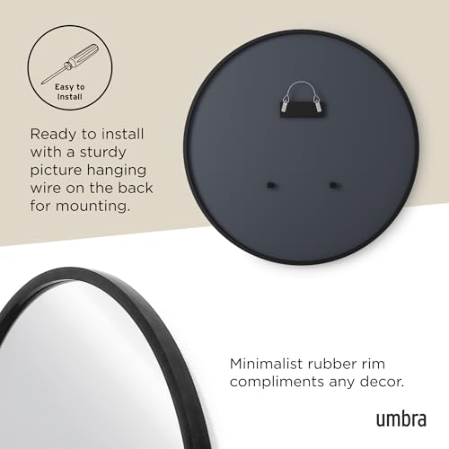 Umbra Hub Round Wall Mirror, Rubber Frame Bathroom Mirror, 24-Inch, Black