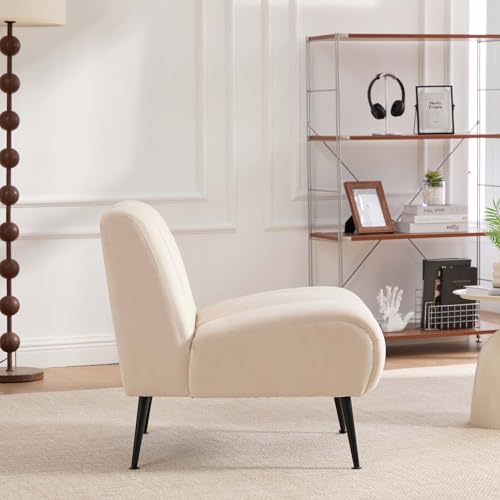 Velvet Slipper Chair, Armless Upholstered Accent Chair with Black Metal Legs, Modern Lounge Chair for Living Room, Bedroom, Office & Reading Nook (Beige+Metal) - color: Beige+metal