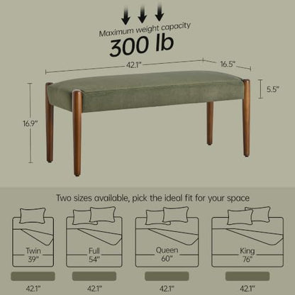 Usaint 42" End of Bed Bench with Wood Legs, Dark Green with Walnut Leg | Modern Upholstered Bedroom Bench with Rubberwood Legs, Entryway Bench with Cushion, Dining Bench for Living Room, Bedroom - color: Dark Green With Walnut Leg