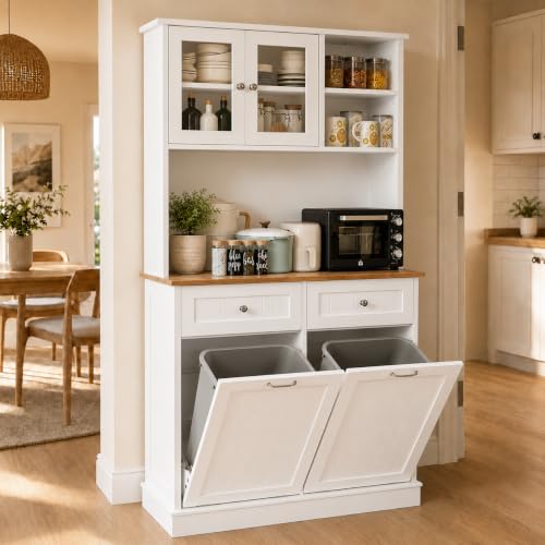 LOUVIXA 68.4" Kitchen Pantry Storage Cabinet, Freestanding Cupboard with Shelf, 2 Drawers and 1 Tilt Out Trash Cabinet, Tall Cabinets for Kitchen, Dinning Room, Living Room (White, Double Tilt) - color: White