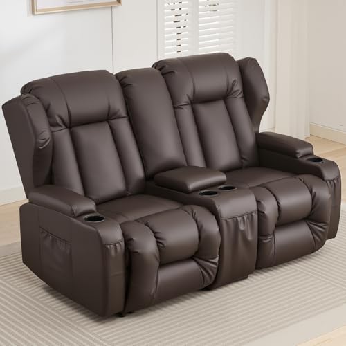 Loveseat Recliner Sofa,RV Wall Hugger Recliners with Console,Reclining Loveseat Sofa Recliner with Cup Holders/Lumbar Pillows for Small Spaces,RV Furniture (Brown,66" 2-Seater) - color: Brown, size: 66" 2-Seater