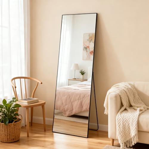 64"x21" Full Length Mirror with Stand, Black Metal Frame Floor Mirror, Hanging, Standing or Leaning Against Wall, Tempered Full Body Mirrors for Room Decor, Living Room, Bedroom - color: Rectangular-black, size: 64"L x 21"W