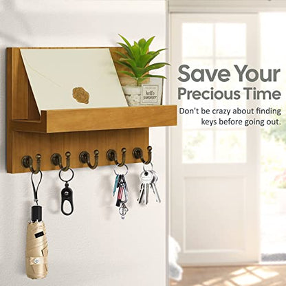 HONJIN Farmhouse Wall Key Holder for Wall : Holiday Card Slot Design Wooden Mail Organizer Wall Mount Dog Leashes Holder Hanger (Light Brown) | Key and Mail Holder Wall Mount, Wooden Entryway Organizer and Decorative, Easy Installation, 10*3.8*6.85 Inch -