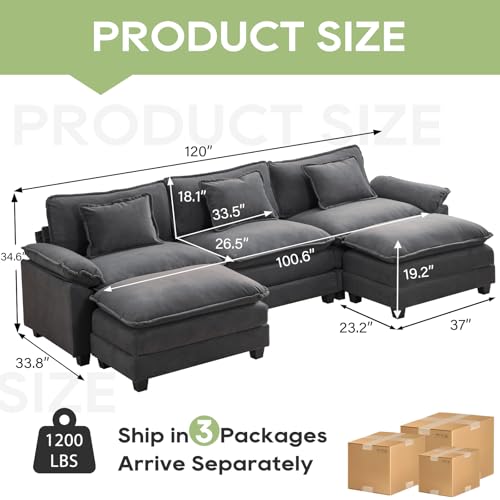 120" Modular Sectional Sofa, Comfy Deep Cloud Couch with Ottoman | U-Shaped Couches for Living Room, Modular Couch, Deep and Wide Seat, Velvet Sofa Sleeper with Throw Pillows, Blue Grey - color: Blue Gray, size: 120 Inch U