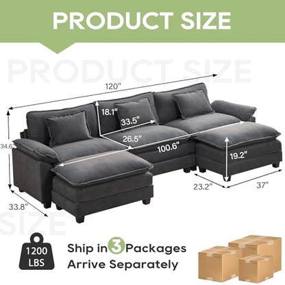 120" Modular Sectional Sofa, Comfy Deep Cloud Couch with Ottoman | U-Shaped Couches for Living Room, Modular Couch, Deep and Wide Seat, Velvet Sofa Sleeper with Throw Pillows, Blue Grey - color: Blue Gray, size: 120 Inch U