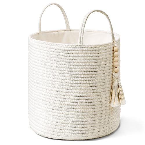 Mkono Woven Storage Basket for Blanket, Toys Plant Organizer, 11"W x 11"L | White, Cotton, Decorative Basket with Handle, Wood Beads Tassel, Shoes Towel Clothes Storage Bin, Living Room Bedroom Nursery - color: White, size: 11" W × 11"L