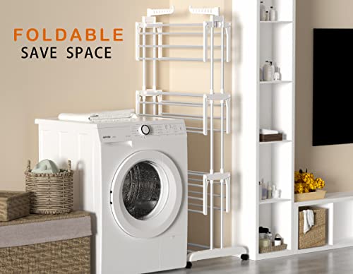 HOMIDEC Clothes Drying Rack, 4-Tier(67.7" H) Foldable Drying Rack Clothing | Foldable Stainless Steel Drying Rack, Movable Laundry Drying Rack with 4 Castors and 14 Hooks for Bed Linen, Clothing, White - color: White
