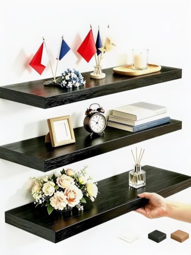 Vervida® Black Rustic Floating Wall Shelves 15in Set of 3 Hidden | Compact Shelf Display for Narrow Hallway Half Bath, Invisible Brackets Easy Install, Holds 30 Lbs Small Items Trinkets - color: Black, size: 15x6.8