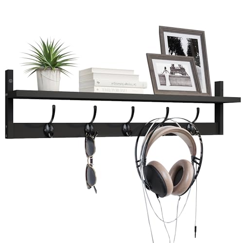 BAMEOS Wall-Mounted Shelf with Hooks - 28.9 Inch Entryway Hanging Shelf with 5 Dual Hooks for Bathroom, Living Room, Bedroom (Black) - style: Black-28.9IN with shelf