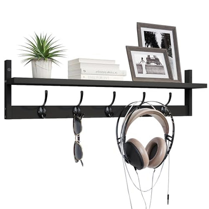BAMEOS Wall-Mounted Shelf with Hooks - 28.9 Inch Entryway Hanging Shelf with 5 Dual Hooks for Bathroom, Living Room, Bedroom (Black) - style: Black-28.9IN with shelf