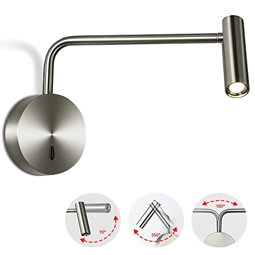 ZEROUNO Wall Mounted Reading Light Swing Arm Bedside Lamps for Bedroom Hardwired Sconces with Switch LED Mounted for Home Decor Wall Lighting Fixtures Indoor (Silver) - color: Silver