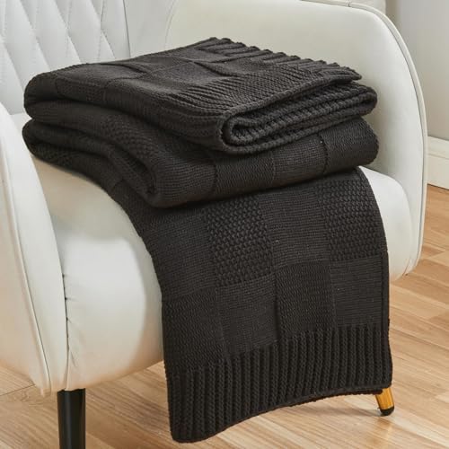 CozeCube Jet Black Knitted Checkered Throw Blanket 50"X60" | Check Knit Throw for Couch, Decorative Christmas Soft Cozy Warm Blanket for Bed Sofa Living Room - color: Jet Black, size: 50"X60"