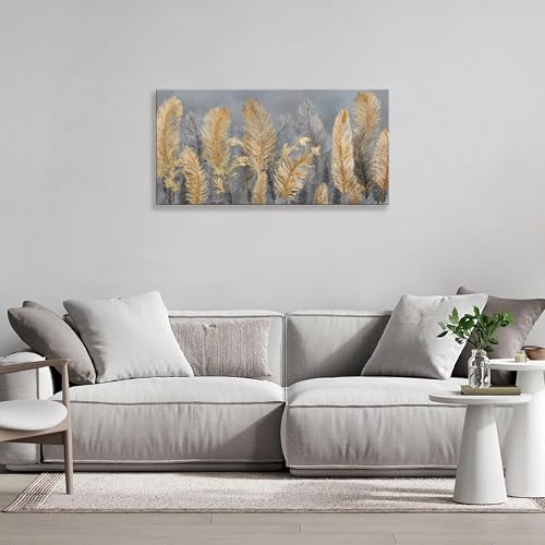 Dimpaga Canvas Wall Art Decor Gold Boho Canvas Art Wall Decor For Living Room Grey Boho Aesthetic Feather Wall Decor Artwork Modern Wall Art Decor Artwork For Home Bedroom Office Wall Decor 20×40 Inch - color: D-01P, size: 40"L x 20"W