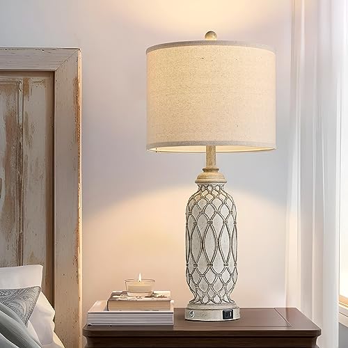 Farmhouse Table Lamps for Bedroom Set of 2, 28" Rustic Bedside Lamp with USB Ports, 3-Way Dimmable Nightstand Table Lamp for Living Room - color: 1.off white