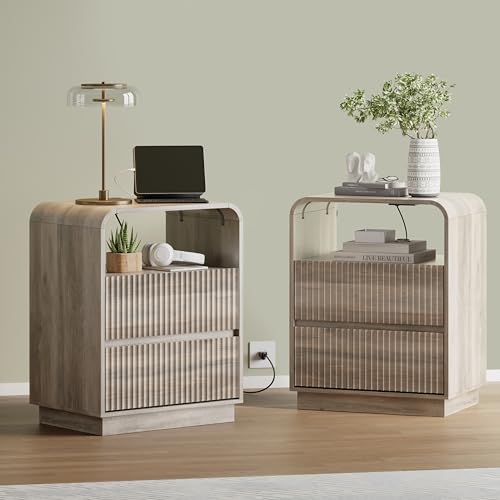 Grey Nightstands Set of 2 with Charging Station, Mid Century Modern End Tables & Bedside Tables, Fluted Wood Small Night Stands with 2 Hidden Drawers and Storage Shelf for Bedroom, Gray - color: Grey, style: 2 Drawers-2 PCS