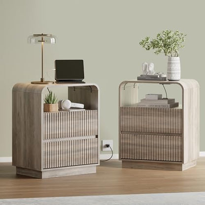 Grey Nightstand with Charging Station, Mid Century Modern Bedside Table & End Table, Fluted Wood Small Night Stand with 2 Hidden Drawers and Storage Shelf for Bedroom, Gray - color: Grey, style: 2 Drawers
