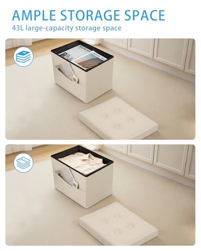 Ottoman with Storage,17 Inch Leather Folding Foot Rest Stool,Beige | Small Ottoman with Side Pockets, Thicker Foam Padded Seat, 17 * 13 * 13 Inch, Livingroom, Dorm, Bedroom, Entryway - color: Beige