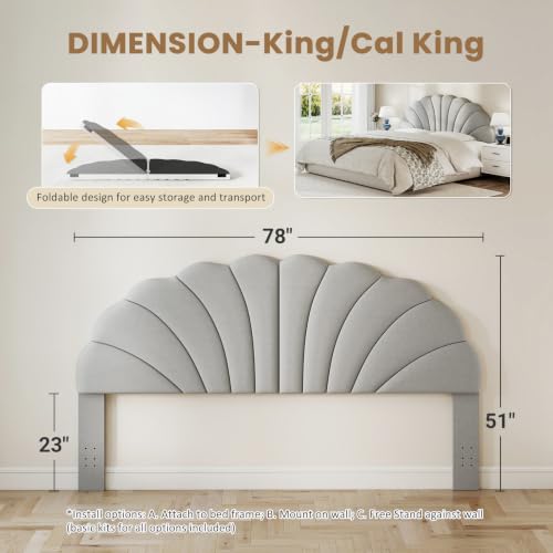 King Size Headboard Only, Velvet Petal Wall Mounted, Light Gray | 2 installation options: 1.bed frame mount 2.wall mount (for adjustable bed), Easy to install, Elegant and unique design - color: Velvet-gray, size: King/California King