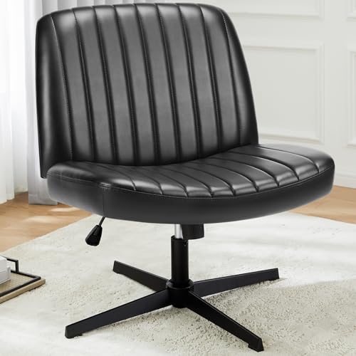 DUMOS Criss Cross Chair No Wheels, Wide Seat Cross Legged Office Desk Vanity Chair, Faux Leather Armless Height Adjustable Swivel Task Computer Chairs for Home, Study, Black PU - color: Black Pu