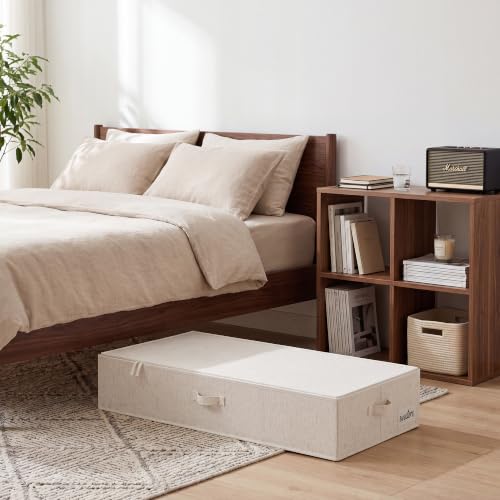 StorageWorks 7 Inch Low Profile Under Bed Clothes Storage Bins with Lids | Reinforced Structure, Resists Sagging, Handles & Label Holder, Foldable Stackable Closet Storage for Clothes, Blankets, Toys - color: Light Beige, size: 38.5"L × 17"W × 6.75"H