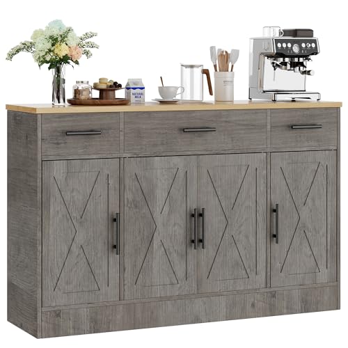 Shintenchi Buffet Cabinet with Storage,53.4" Large Kitchen Storage Cabinet with 3 Drawers and 4 Doors,Wood Farmhouse Buffet Sideboard with Adjustable Shelf for Kitchen Living Room, Gray - color: Grey