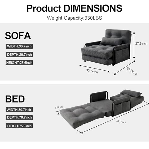4-in-1 Folding Sofa Bed,Convertible Sofa Bed with Pillow Foldable Mattress and Back Support,Convertible Modular Sofa with Double Side Pockets for Living Room/Bedroom,Single(Grey) - color: Grey, size: Single