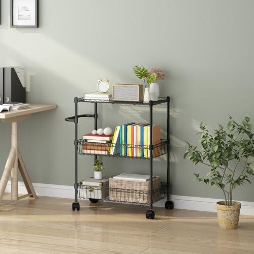 Black 3 Tier Rolling Storage Cart, Metal Wire Kitchen Cart with Baskets & Handle, Utility Trolley on Wheels for Kitchen, Bathroom, Laundry, Pantry & Office - color: Black