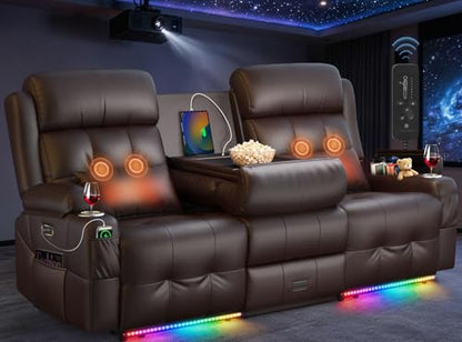 Home Theater Seating, 3 Seat Power Loveseat Recliner Sofa with Heat Massage | Wall Hugger Reclining Loveseat with USB, RV Couch with LED Lights, Flip Backrest, Cup Holders for Movie Theater, Gaming Room - color: Brown, size: 78" - 3 Seats