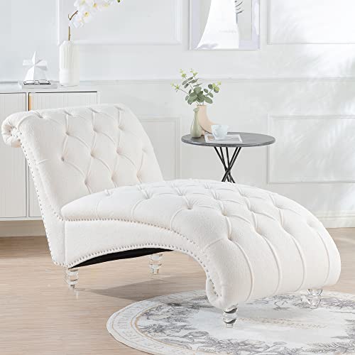 Button Tufted Chaise Lounge Teddy Boucle Upholstered Mid Century Modern Accent Sofa Chaise Armless Elegant Recliner Lounge Chair Solid Acrylic Legs (White Teddy) - color: White