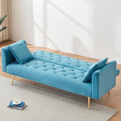 71" Modern Velvet Sofa Bed Futon, Convertible Sleeper Couch, Adj. Backrest | Tufted Recliner Loveseat Design with Golden Chrome Legs & 2 Pillows, Perfect for Small Spaces, Living Room, Apartment - color: Light Blue