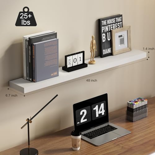 SAUMONIERES 48 Inch Floating Wall Shelves for Bedroom Bathroom Wall Mounted Solid Wood Shelf Storage Decor Set of 2, White Floating Shelves - color: White, size: 48 Inch-2 shelves