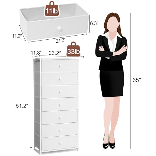 Fabric Dresser for Bedroom, Wide 7-Drawer Tall Vertical Tower (White) | Wooden Top, Steel Frame, Easy Pull Bin,Organizer Unit for Living Room, Hallway, Entryway, Nursery, Closets - color: White, style: Wide-7 Drawers