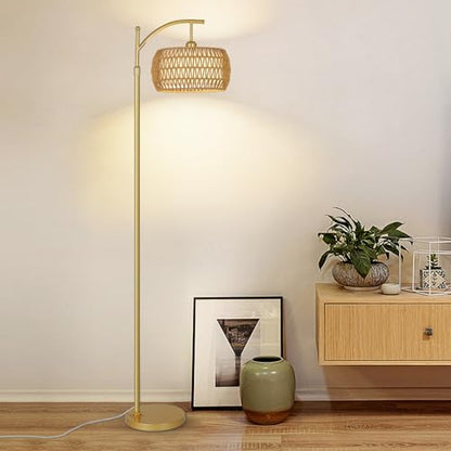 eyassi Arc Floor Lamp with 3 Color Temperatures, LED Gold Floor Lamp with Remote & Stepless Dimmable Bulb, Boho Standing Lamp with Rattan & Fabric Shades, Farmhouse Tall Lamp for Living Room Bedroom - style: Bohemian-Gold