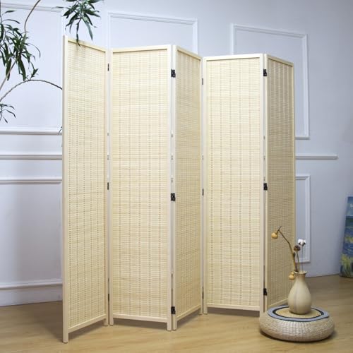 5 Panel Bamboo Room Divider – 5.6 ft Tall Folding Privacy Screen, Natural Beige Freestanding Room Partition Wall for Home Office (67" x 76.75", 5-Panel) - color: Beige, size: 5 Panel