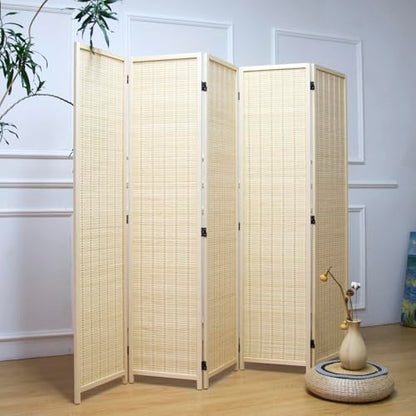 5 Panel Bamboo Room Divider – 5.6 ft Tall Folding Privacy Screen, Natural Beige Freestanding Room Partition Wall for Home Office (67" x 76.75", 5-Panel) - color: Beige, size: 5 Panel