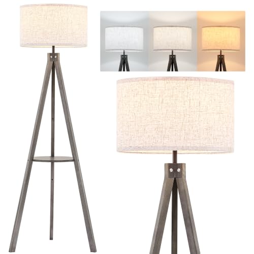 ELYONA Farmhouse Wood Tripod Floor Lamp with Table, Modern Reading Standing Lamp with 3 Color Temperatures LED Blub & Linen Shade, Shlef Coner Light for Living Room, Bedroom, Study Room, Office, Grey - style: Classic