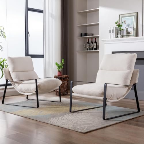 1-Pack Modern Accent Chair, Sherpa Living Room Chair, White | Comfy Armchairs, Upholstered Lounge Armchair, Removable Seat Cushion, Black Metal Frame, For Reading Room, Bedroom, Balcony - color: White, size: 1PC