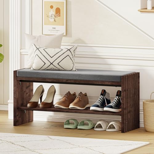 40" Storage Bench with Plush Cushion & 2-Tier Organizer, Modern Entryway Ottoman Bench for Hallway, Mudroom, Bedroom (Rustic Oak) - color: Rustic Oak