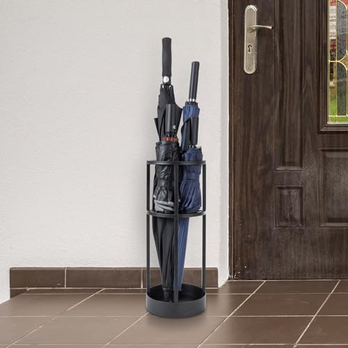 MyGift 20 Inch Tall Modern Round Matte Black Metal Freestanding Entryway Umbrella Rack or Cane Holder with Shelf for Small Umbrellas and Bottom Drip Catch - color: Black, size: 7.8″(Round)